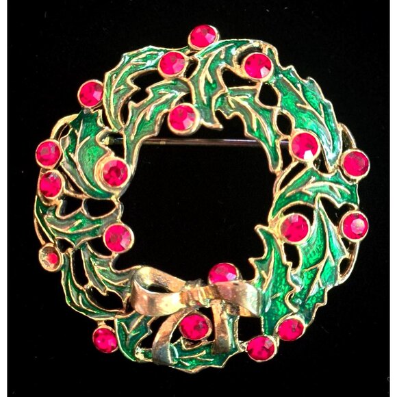 Eisenberg Ice Christmas Wreath Brooch Vintage Green & Red Rhinestones Gold-Tone - Picture 2 of 9